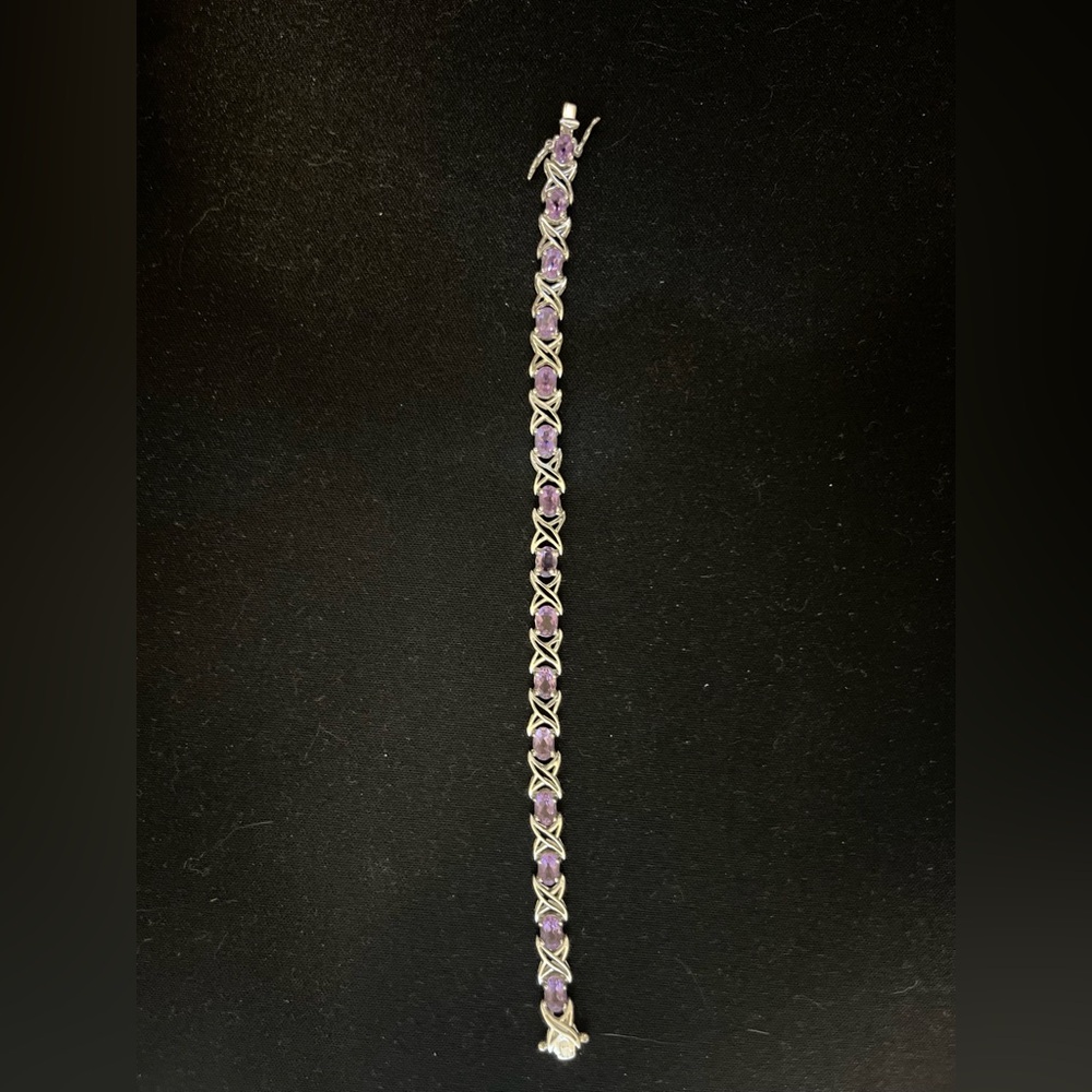 925 Sterling Silver XOs Bracelet w/ Amethyst Stones 7 inch with open box clasp
